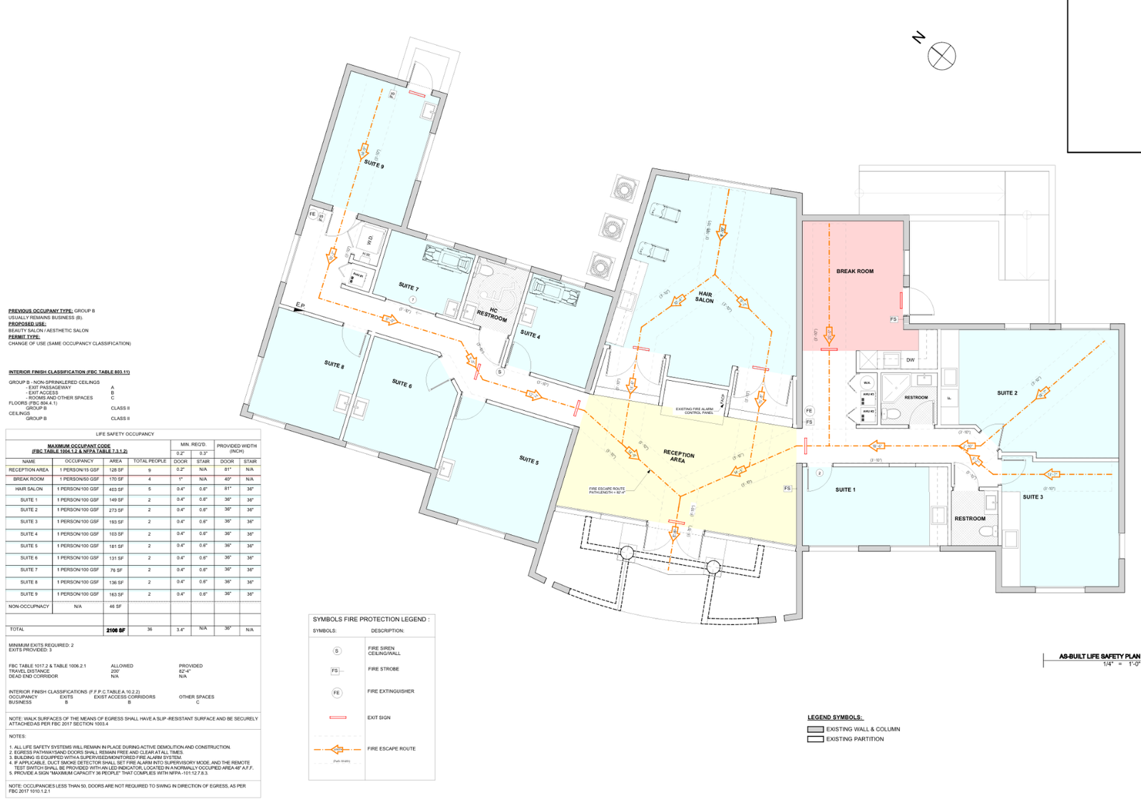 Colored life-safety floor plan showing rooms and exit routes
